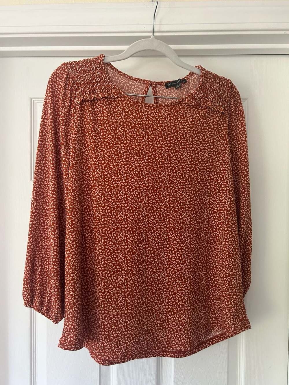 Adrianna Papell Blouse Orange Print Ruffle Smocked 3/4 Sleeve Medium Fall Autumn